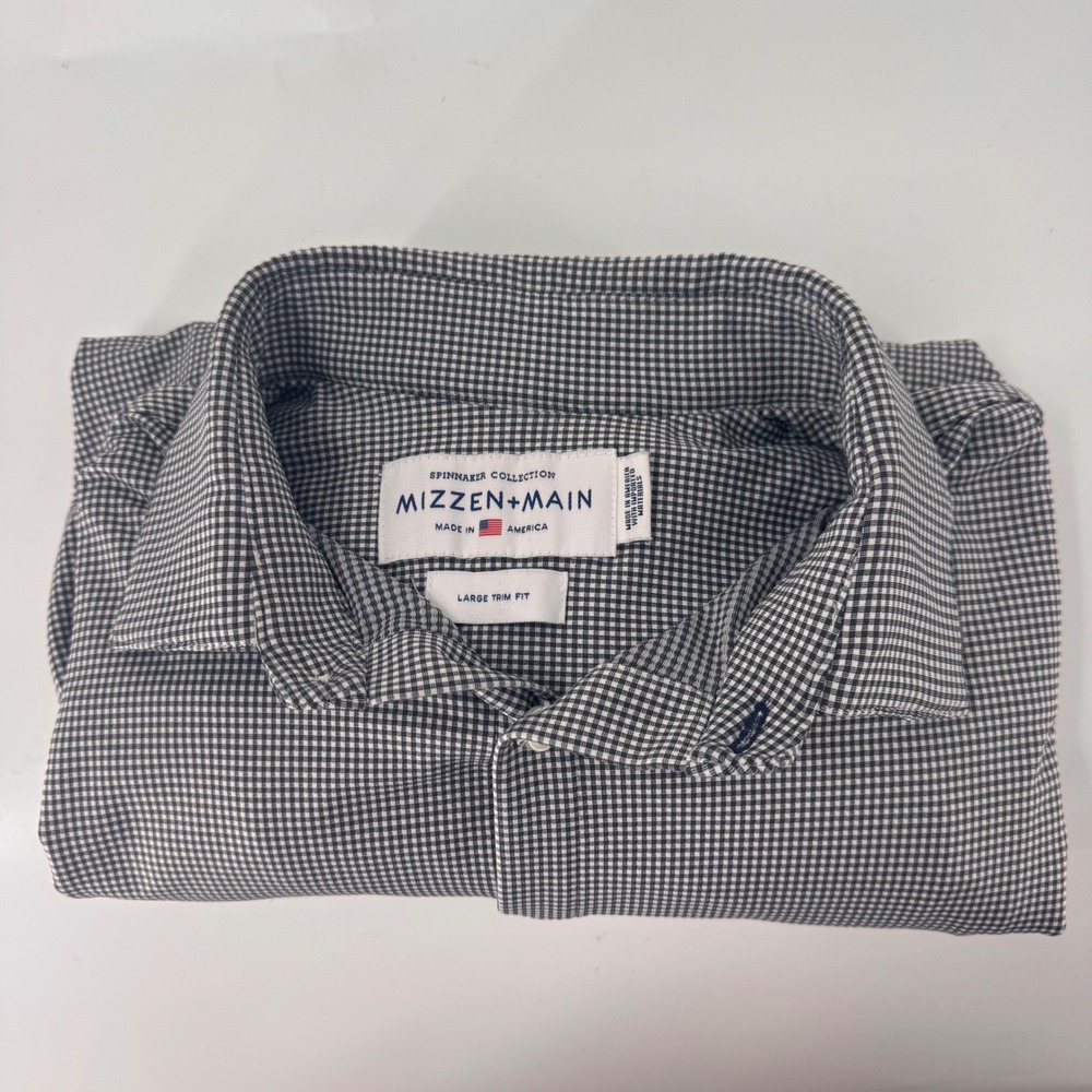 Mizzen+Main Spinnaker Navy White Gingham Trim Fit Performance Shirt Mens Large - Picture 10 of 12